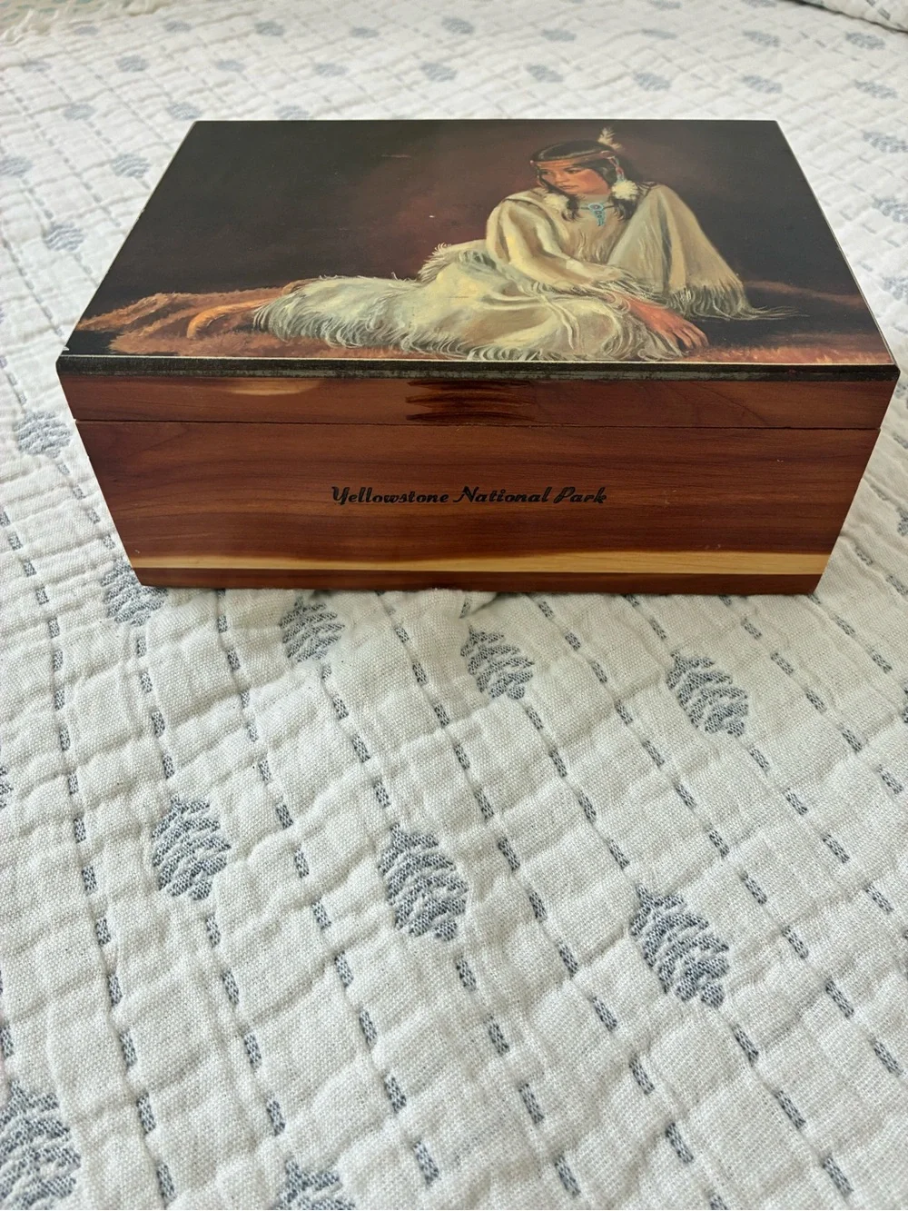 Vintage Cedar Souvenir Box with Indian Bride